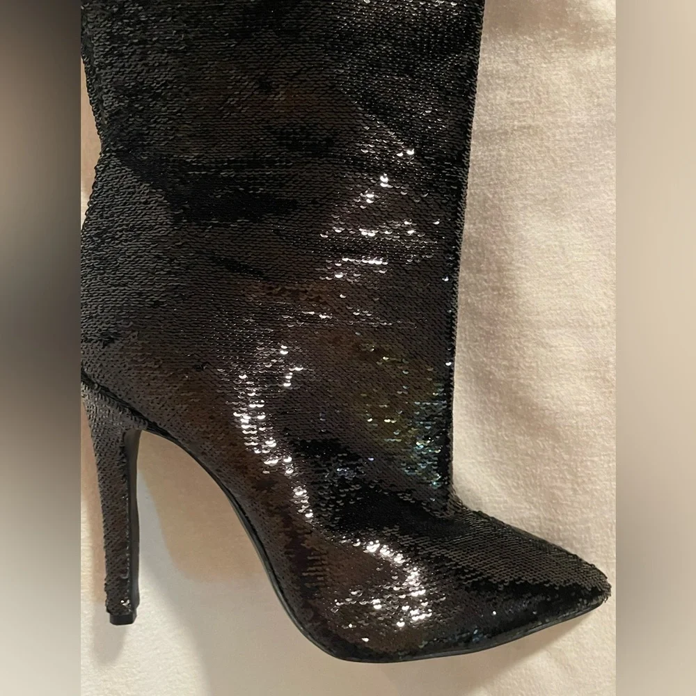 Kendall & Kylie Black Sequined Thigh High Stiletto Boots